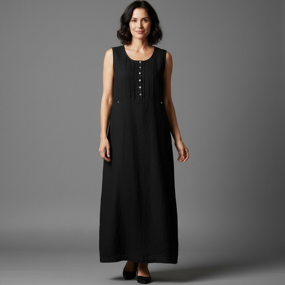 Vintage Cherokee Linen Maxi Dress Womens Sz Xl Black Sleeveless Side Slit Casual